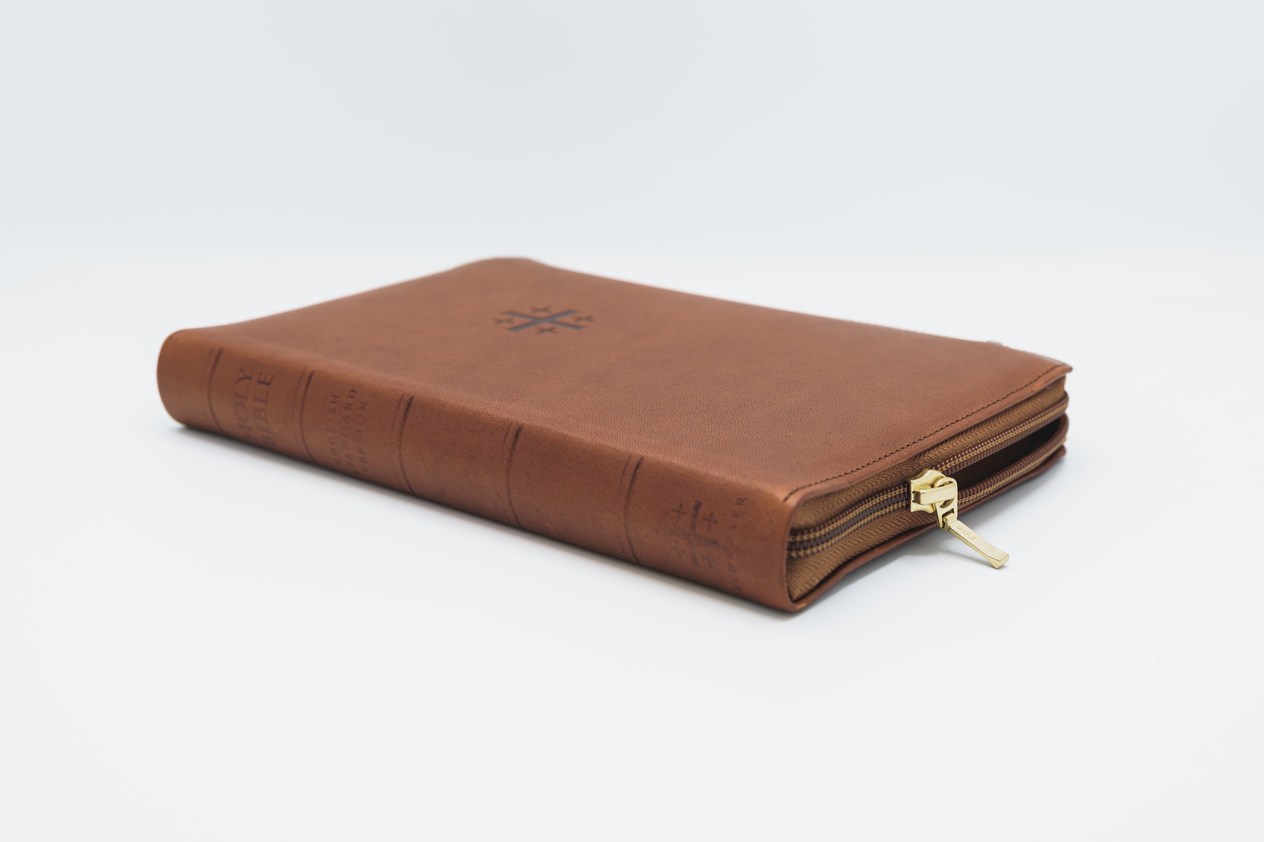 Imperfect W40 Schuyler Personal Size Quentel ESV, Saddle Brown Calfskin Bible, Zipper Edition