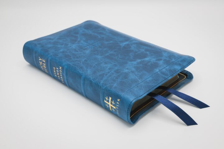 Schuyler Personal Size Canterbury KJV, Full Yapp Marbled Sapphire Calfskin Bible – PREORDER