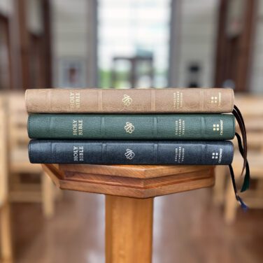 Three Crossway Heirloom Thinlines in EvBible exclusive bindings: Sandstone Calfskin, Black Pearl Calfskin and Dark Green Goatskin